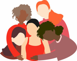 Bild einer Gruppenumarmung fünf Frauen