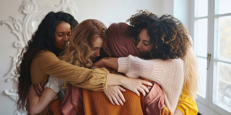 Bild einer Gruppe Frauen in einer Gruppenumarmung um Halt zu spenden